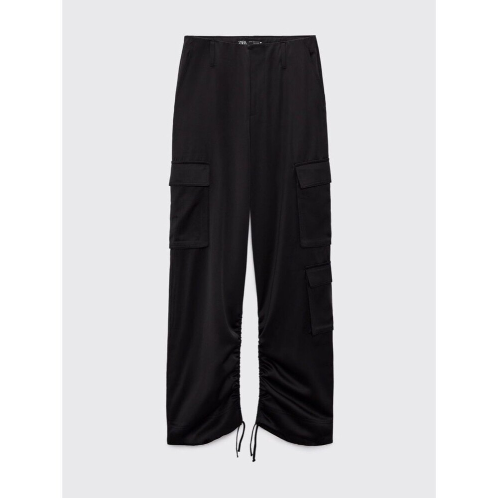 Zara High-Waist Satin Cargo Trousers Pant Black Small
